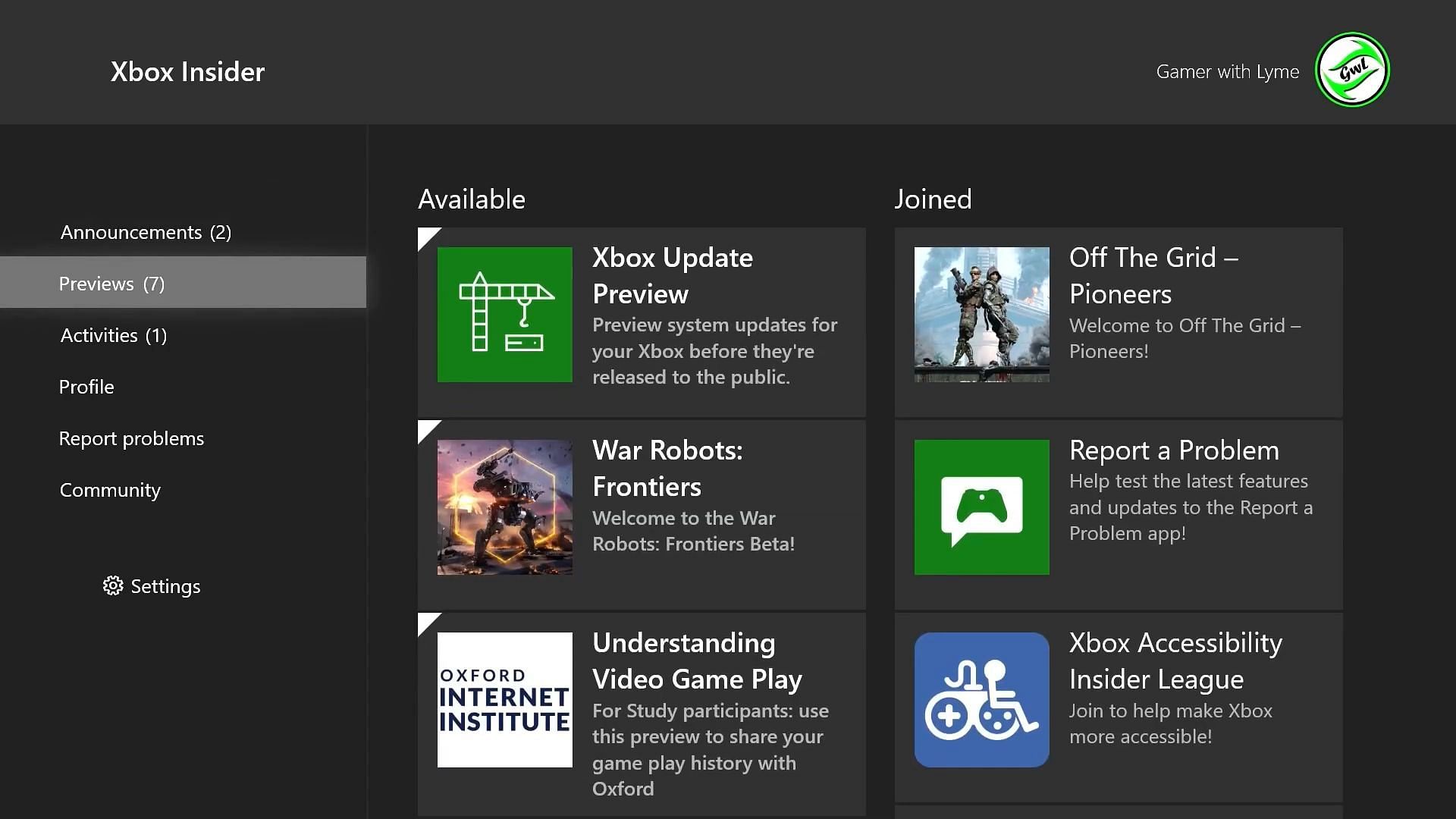 Xbox Gaming Preview in Xbox Insider app (Image via Microsoft/Xbox)